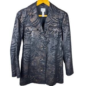 CHICOS Womens Blazer Jacket Sz 0 XS Black Bronze Pattern Front Pockets w Buttons